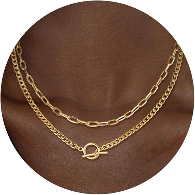 Double Layer Paperclip Chain Necklace - Geometric OT Clasp Layered Choker Hip-Hop Style Stackable Gold Necklace For Women Minimalist Dainty Layered Chains
