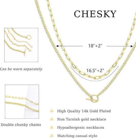 Double Layer Paperclip Chain Necklace - Geometric OT Clasp Layered Choker Hip-Hop Style Stackable Gold Necklace For Women Minimalist Dainty Layered Chains