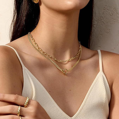 Double Layer Paperclip Chain Necklace - Geometric OT Clasp Layered Choker  Hip-Hop Style Stackable Gold Necklace For Women  Minimalist Dainty Layered Chains