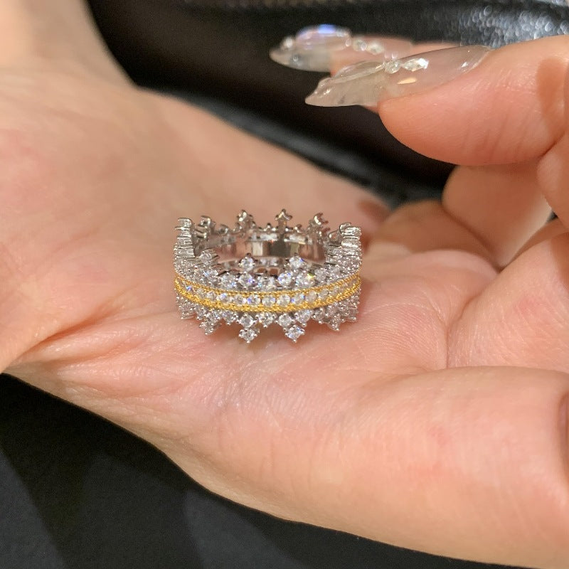 Light Luxury Exquisite Golden Lace Starry Crown Row Diamond Ring Elegant All-matching