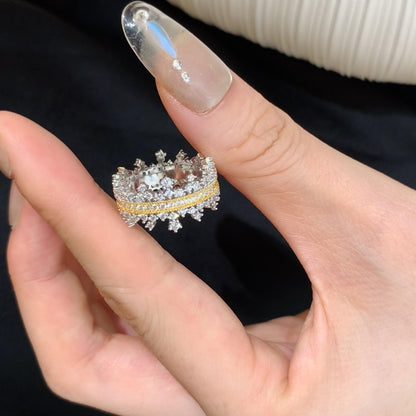 Light Luxury Exquisite Golden Lace Starry Crown Row Diamond Ring Elegant All-matching